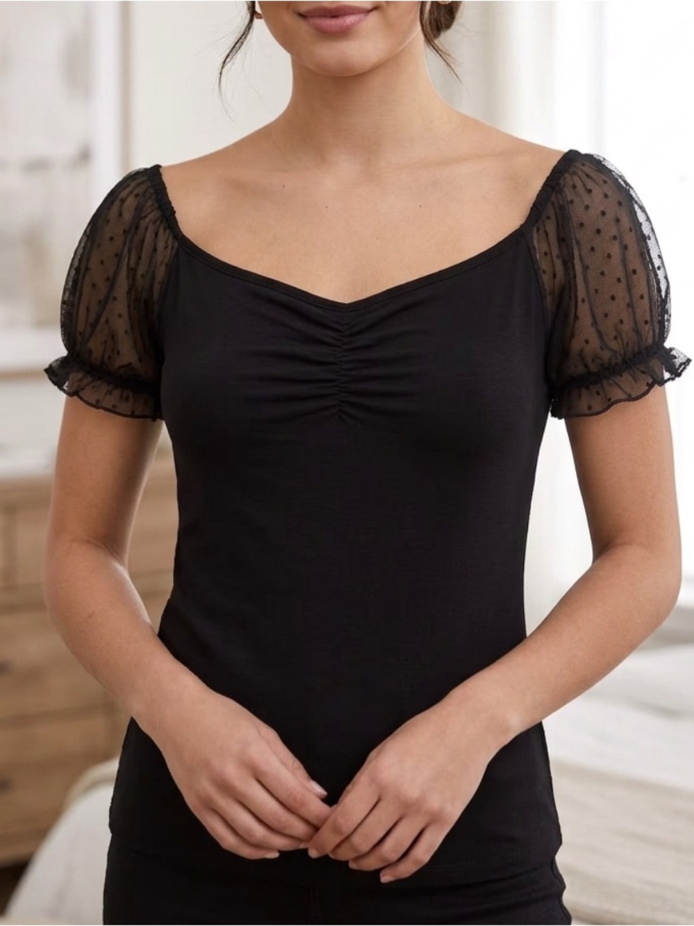 Ambiance top sheer polka dot puff sleeves ruched neck Black S Regular/L Juniors